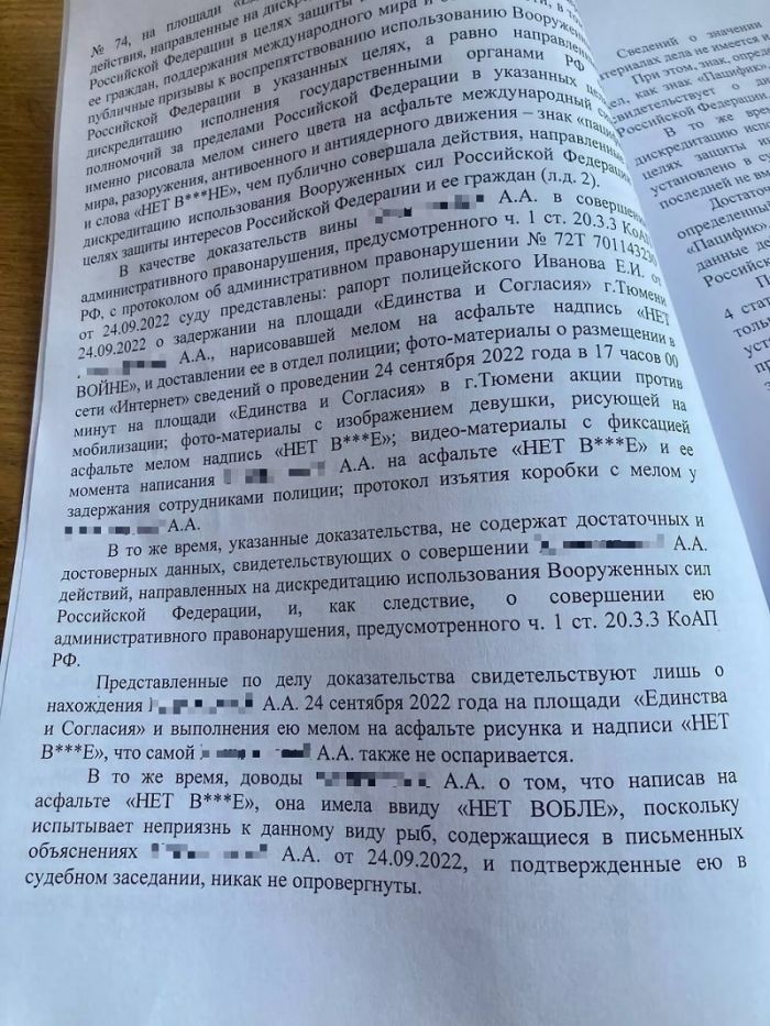 В Тюмени закончился суд над активисткой, которая написала «Нет в***е» С миру по нитке